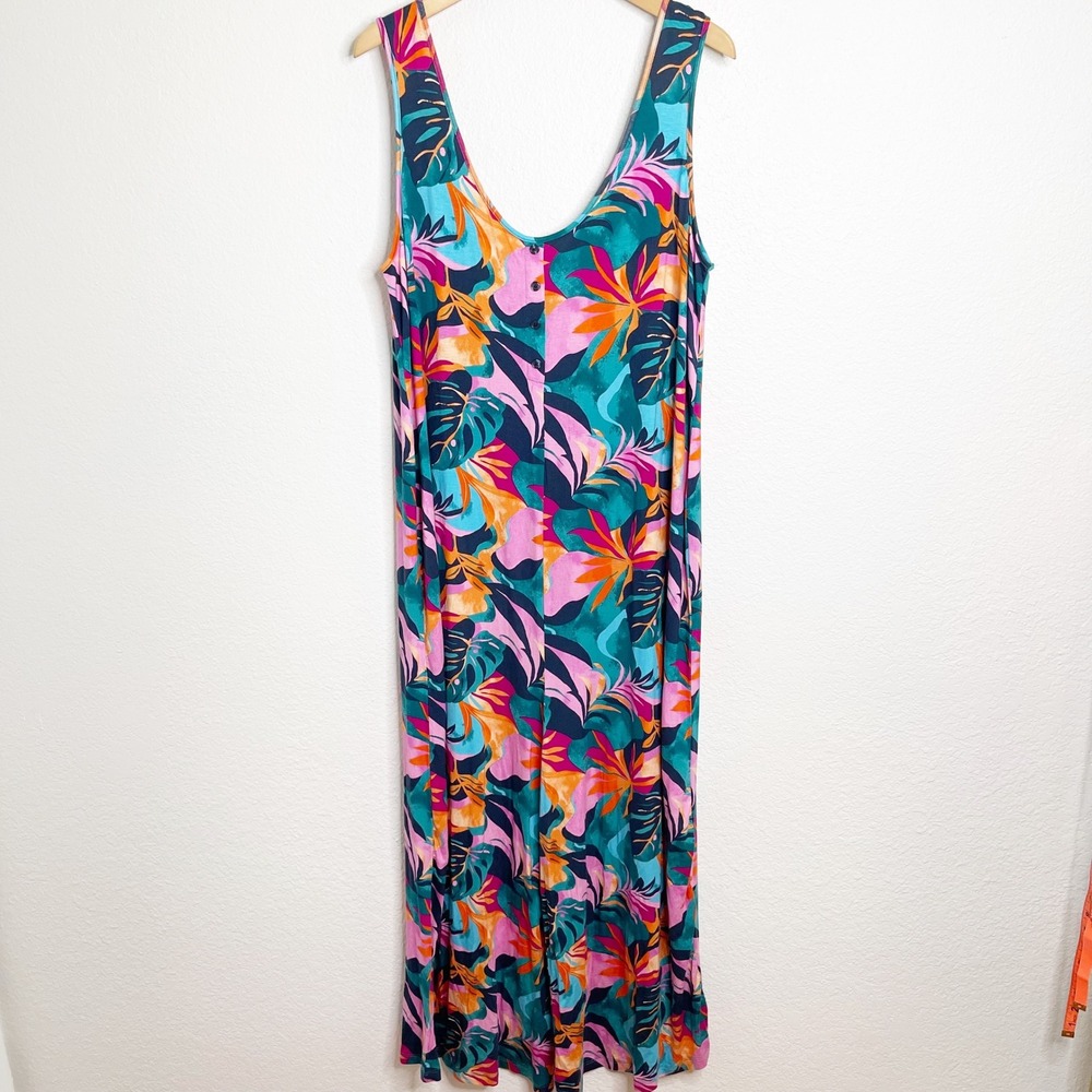 Swimsuits For All Tropical Floral Maxi Dress Sleeveless Teal Orange Pink 14/16